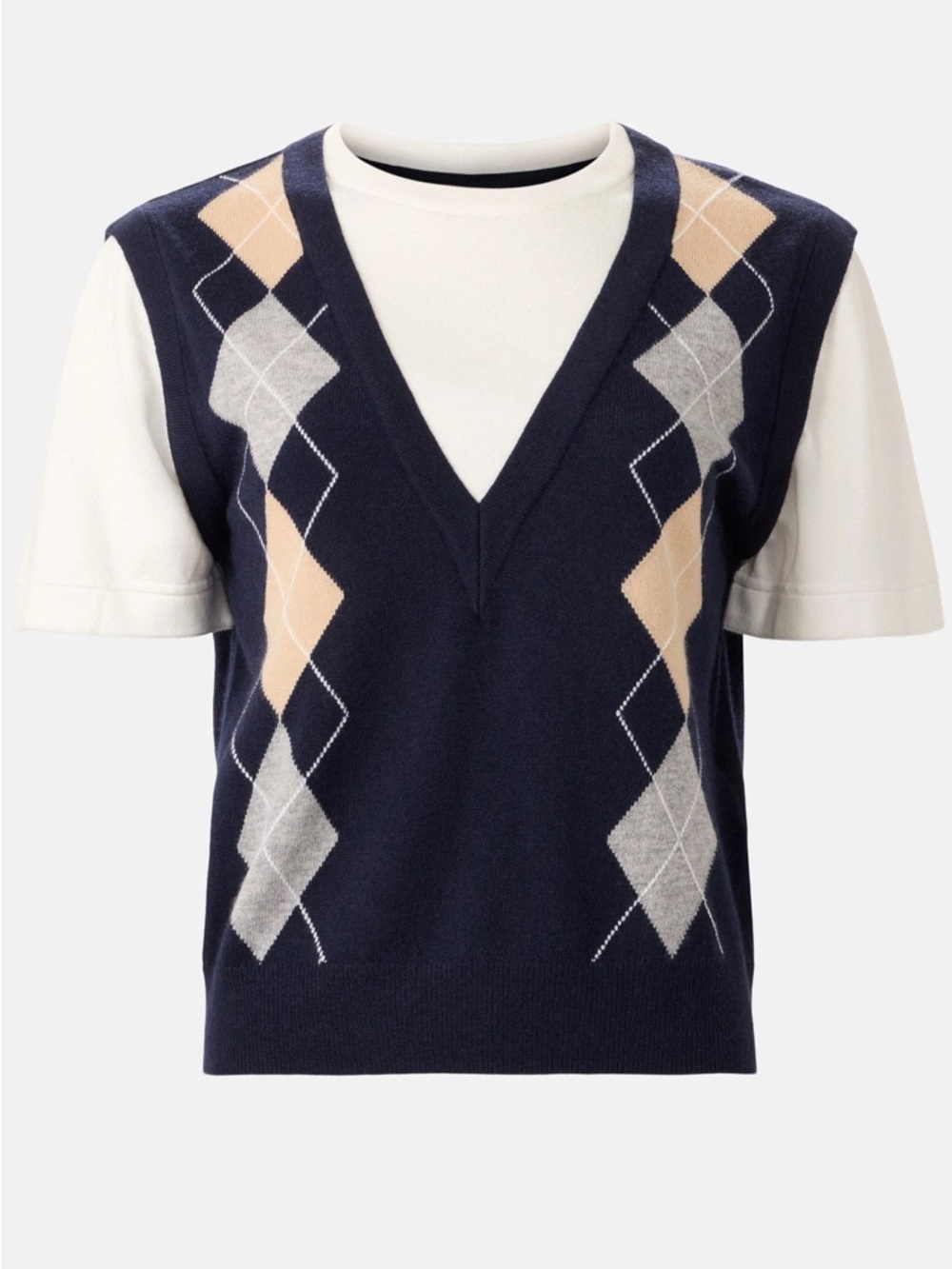 Sandro Navy Argyle V-Neck Sweater Vest with Beige and Light Gray Diamonds